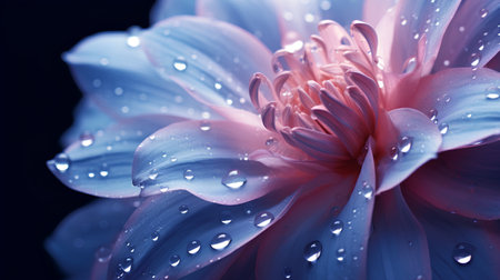 Beautiful blue dahlia flower with dew drops closeupの素材