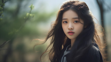Portrait of beautiful asian woman with long hair in the parkの素材