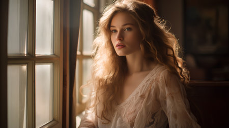 Portrait of beautiful young woman with long curly hair sitting near the windowの素材