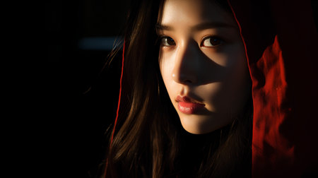 Portrait of a beautiful asian woman with red curtain in the darkの素材