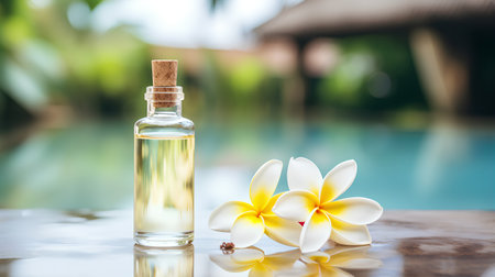 Essential oil with plumeria flower on swimming pool background. Spa concept.の素材