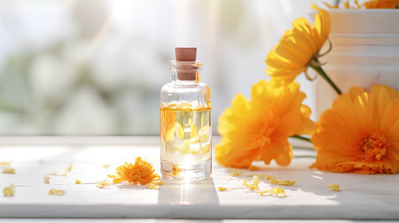 A bottle of calendula essential oil with fresh flowers on the tableの素材