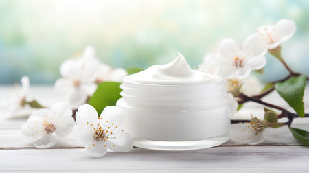 cosmetic cream in a jar with spring flowers on a light backgroundの素材
