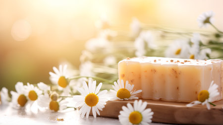 Natural handmade soap with chamomile flowers on bokeh backgroundの素材