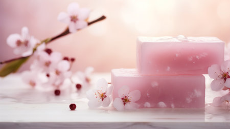 Handmade soap with flowers on a wooden background. Selective focus.の素材