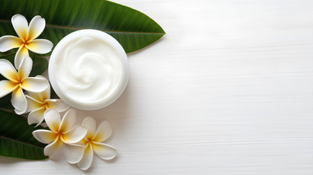 Organic cosmetic cream with tropical leaves and frangipani flowers.の素材