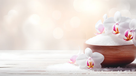 Spa setting with white orchids and sea salt on wooden backgroundの素材