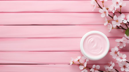 cosmetic cream with sakura blossom on pink wooden background.の素材