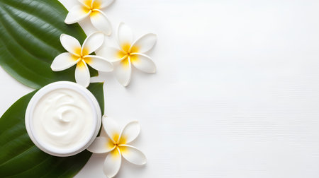 Spa and wellness background with frangipani flowers and creamの素材