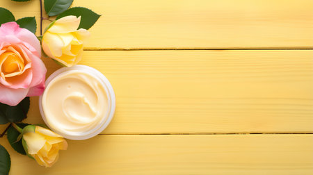 cosmetic cream with flowers on a yellow wooden background. top viewの素材