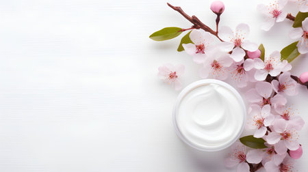 cosmetic cream with sakura flowers on white background, top viewの素材