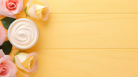 cosmetic cream and roses on a yellow wooden background, top viewの素材