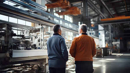 Two senior men working in a modern factory. They are looking at the machine.の素材