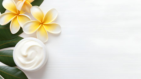 Cosmetic cream and frangipani flowers on white wooden backgroundの素材