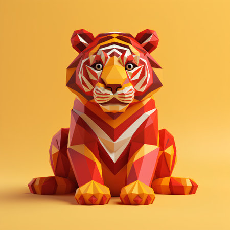 Low poly tiger isolated on yellow background. 3d render illustration.の素材