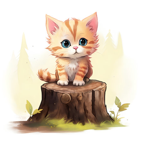 Cute little kitten sitting on a stump in the forest. Vector illustration.の素材