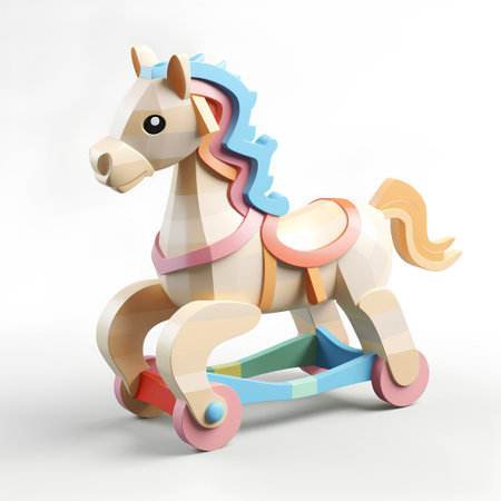 3d rendering of a colorful toy horse isolated on white background.の素材
