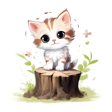 Cute little kitten sitting on a tree stump. Vector illustration.の素材