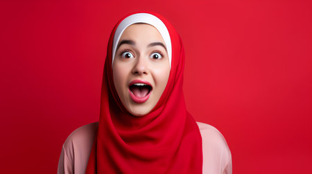 Portrait of a surprised young muslim woman in hijab looking at camera.の素材