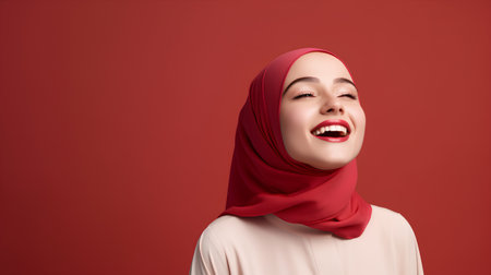 Portrait of beautiful young muslim woman with red hijab. Red background.の素材