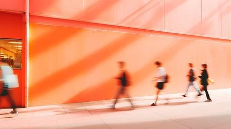 Group of people walking in a modern shopping center. Intentional motion blurの素材