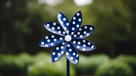 Blue pinwheel with white polka dots on a green background.の素材