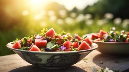 Fresh watermelon salad with herbs and flowers on wooden table. Selective focusの素材