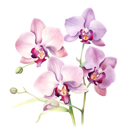 Beautiful watercolor illustration of orchid flowers on white background.の素材