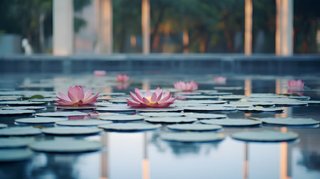Beautiful pink lotus flower blooming in the pond with reflectionの素材