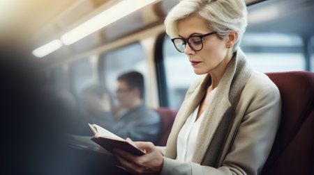 Businesswoman reading a book while sitting in a train, copy spaceの素材