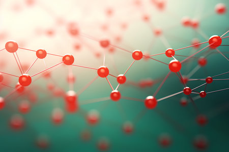 3d rendering molecule structure with red spheres on green background. Network connection conceptの素材