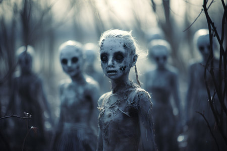 Zombie girl in the forest. Halloween concept. Horror film.の素材