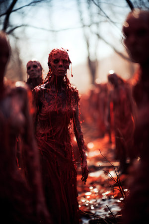 Zombie people walking in the forest. Halloween. Horror movie.の素材
