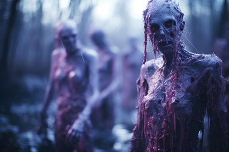 Creepy zombies in the dark forest. Halloween. Horror.の素材