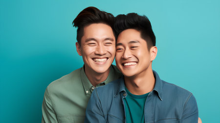 Happy asian gay couple hugging and laughing together over turquoise backgroundの素材