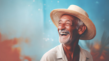 Portrait of senior man with hat laughing and looking at camera against blue backgroundの素材