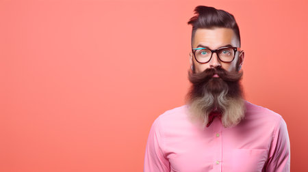 handsome bearded man with long beard and mustache in pink shirt and glasses on pink backgroundの素材