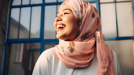 Portrait of happy young muslim woman with hijab laughing outdoors.の素材