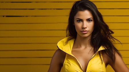 Portrait of a beautiful young brunette woman in a yellow dress on a yellow backgroundの素材