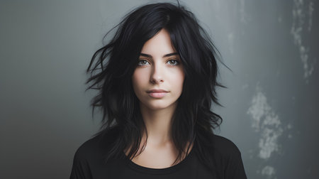 Closeup portrait of a beautiful young woman with long black hair.の素材