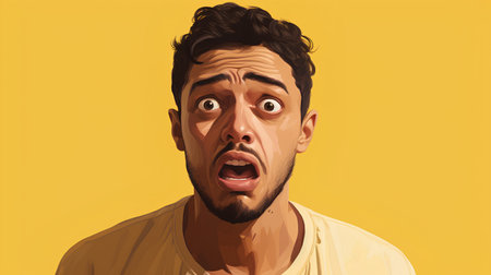 Surprised man with a surprised expression on his face. Yellow backgroundの素材