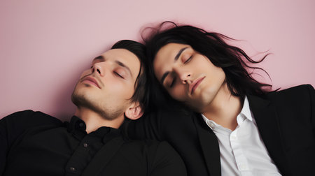 Young couple in love sleeping together. Studio shot over pink background.の素材