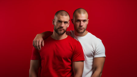 Portrait of two guys in white t-shirts on red backgroundの素材