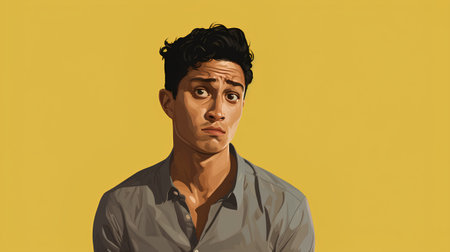 Portrait of a young man in a shirt on a yellow backgroundの素材