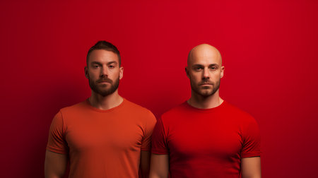 Portrait of two guys in red t-shirts on red backgroundの素材