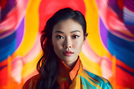 Portrait of a beautiful asian woman with bright makeup and colorful backgroundの素材