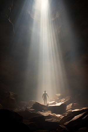 Man standing in the middle of a canyon with rays of light.の素材