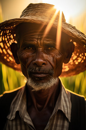 Portrait of an old farmer with a straw hat at sunset.の素材