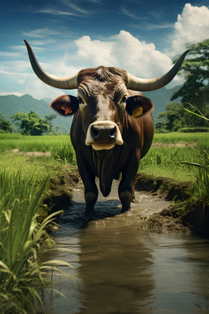 Cow in a paddy field, Bali island, Indonesia.の素材