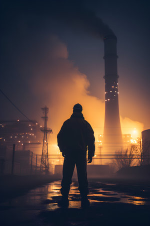 Industrial worker standing in front of a power plant at night.の素材